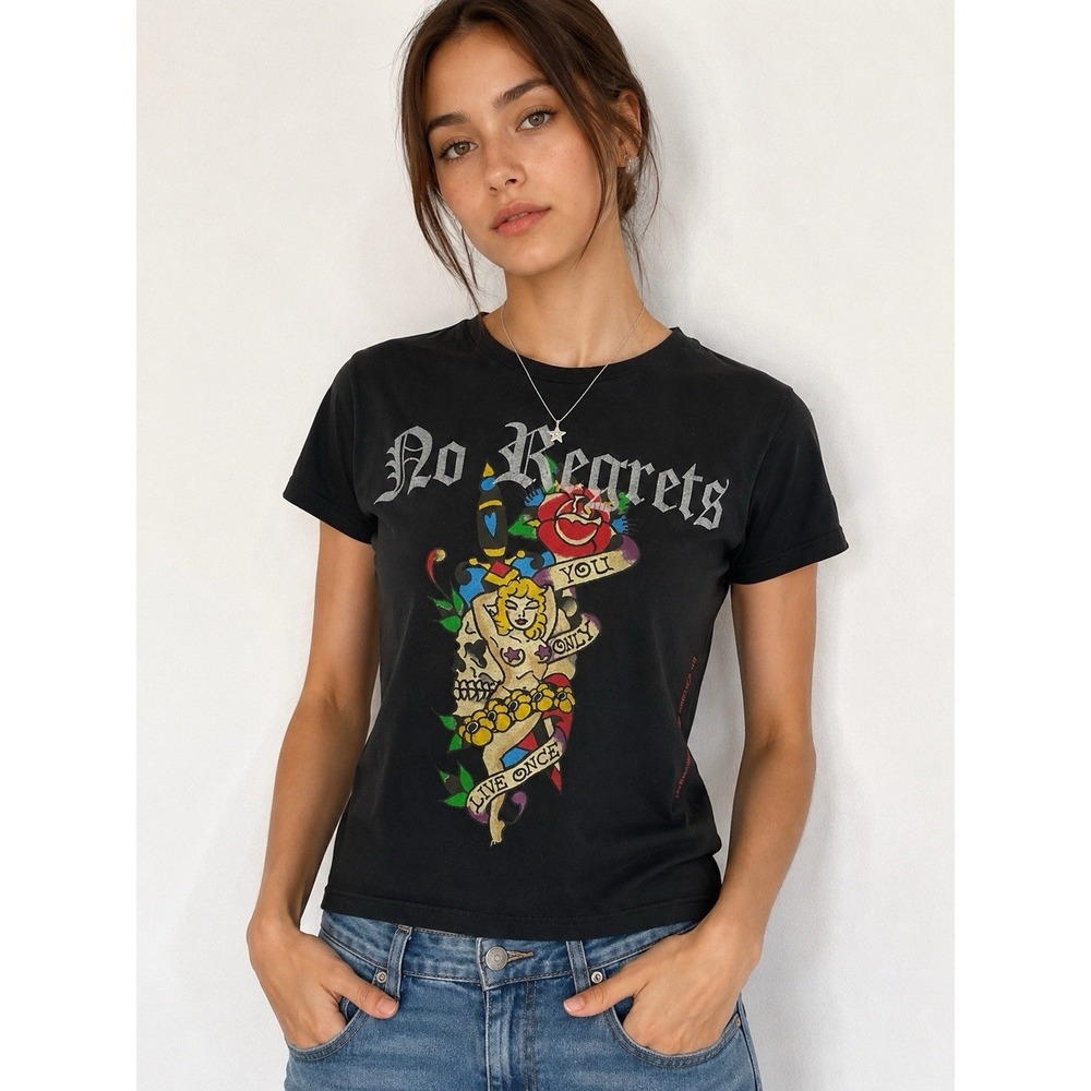Ed Hardy No Regrets Tattoo Graphic T Shirt Black Skull Rose Y2K Women's L